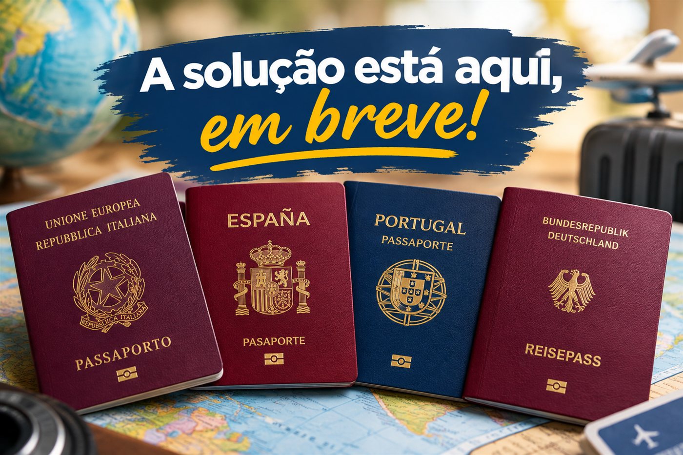 Passaportes italiano, espanhol, português e alemão sobre um mapa — prenota.shop em breve